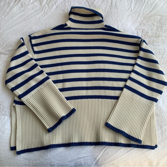 Toteme Signature Stripe Turtleneck Wool Cotton Oversized Knit Sweater Top Blue - Picture 4 of 12